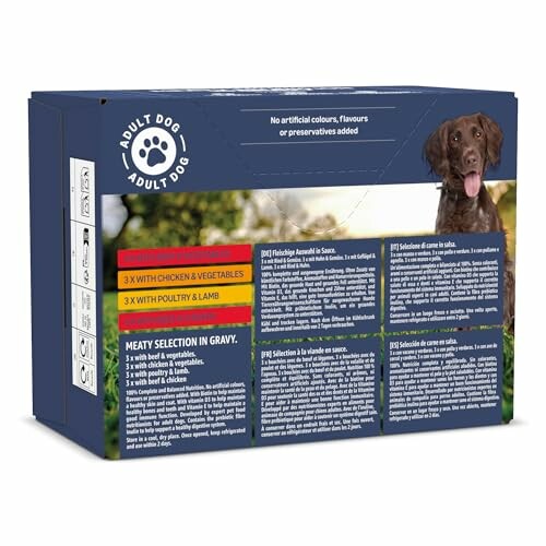 Boîte de nourriture pour chien adulte avec différentes saveurs.