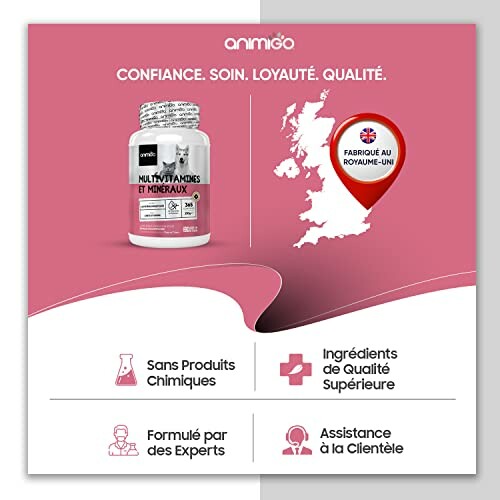 Affiche de compléments alimentaires Animigo avec carte du Royaume-Uni