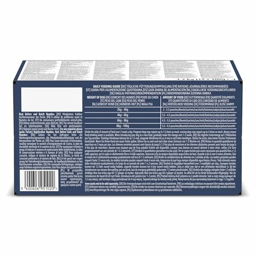 Dos d'une boîte de nourriture pour animaux avec texte et instructions.