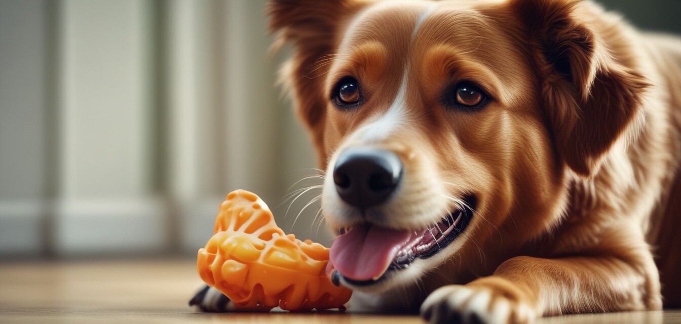 Dog chewing on a dental care toy