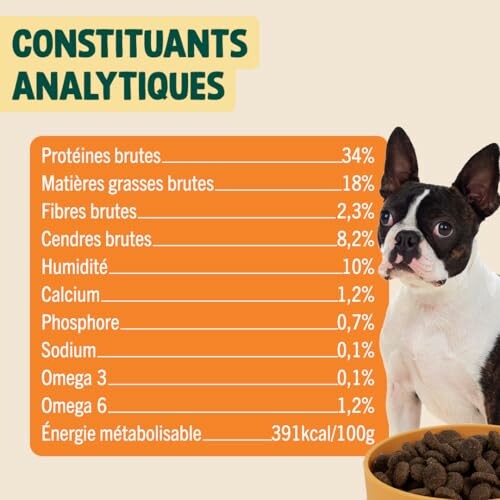 Tableau des constituants analytiques de la nourriture pour chien avec un bouledogue français.