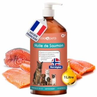 Huile de saumon pour animaux avec morceaux de saumon et drapeau norvégien.