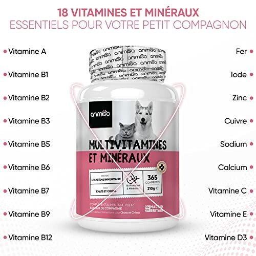 Complément multivitaminé pour chiens avec vitamines et minéraux essentiels.